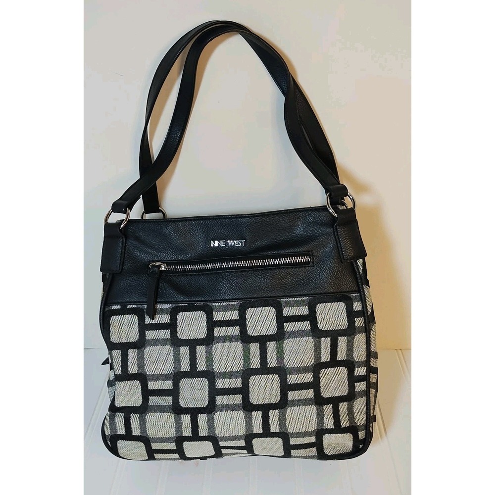 Nine West Geometric Canvas Shoulder Bag Gray And Black Y2K